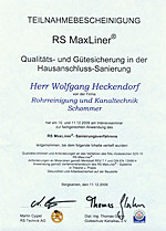 Teilnahmebescheinigung RS MaxLiner® für Wolfgang Heckendorf: Qualitäts- und Gütesicherung in der Hausanschluss-Sanierung