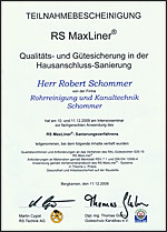Teilnahmebescheinigung RS MaxLiner® für Robert Schommer: Qualitäts- und Gütesicherung in der Hausanschluss-Sanierung