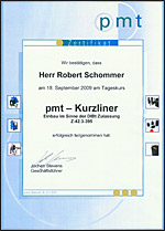 pmt-Zertifikat für Robert Schommer über den Kurzliner-Einbau im Sinne der DIBt-Zulassung Z-42.3-390